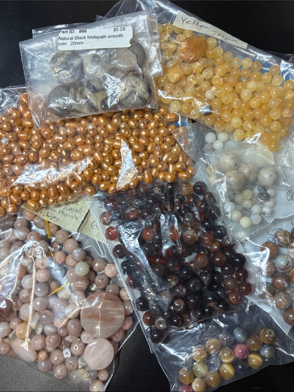 Mixed lot of Semi-Precious gemstone beads — Yellow, Gold, Brown, Cream, Black